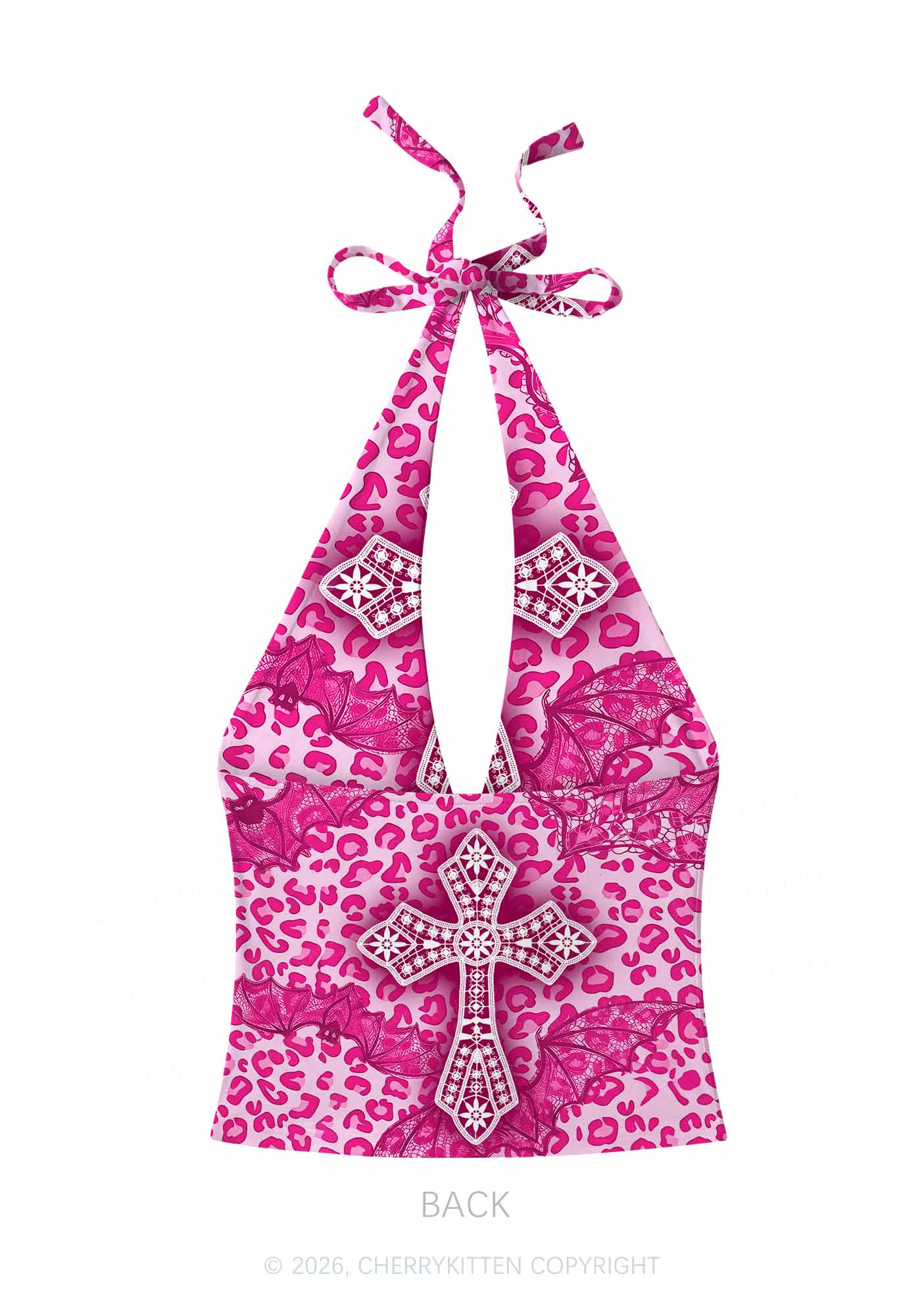 Halloween Pink Leopard Bat Cross Y2K Print Halter Deep V Neck Cami Cherrykitten