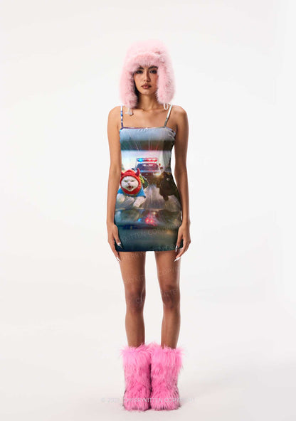 Halloween Chase Cat Y2K Print Slip Dress Cherrykitten