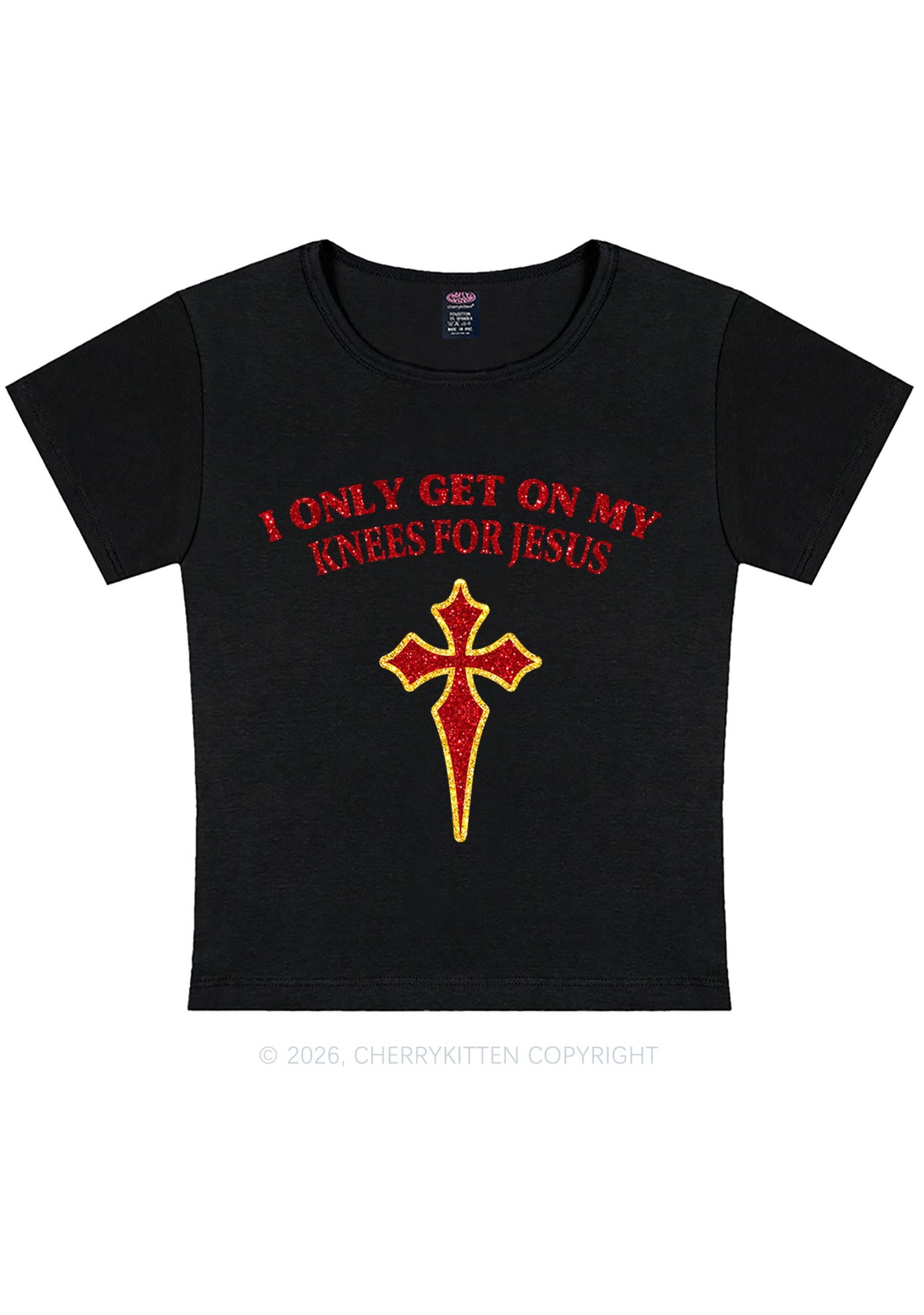 Glitter Get On My Knees For Jesus Y2K Baby Tee Cherrykitten