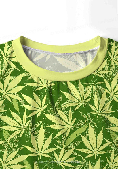 Green Wxxd Leaf Y2K Print Long Sleeve Pajama Set Cherrykitten
