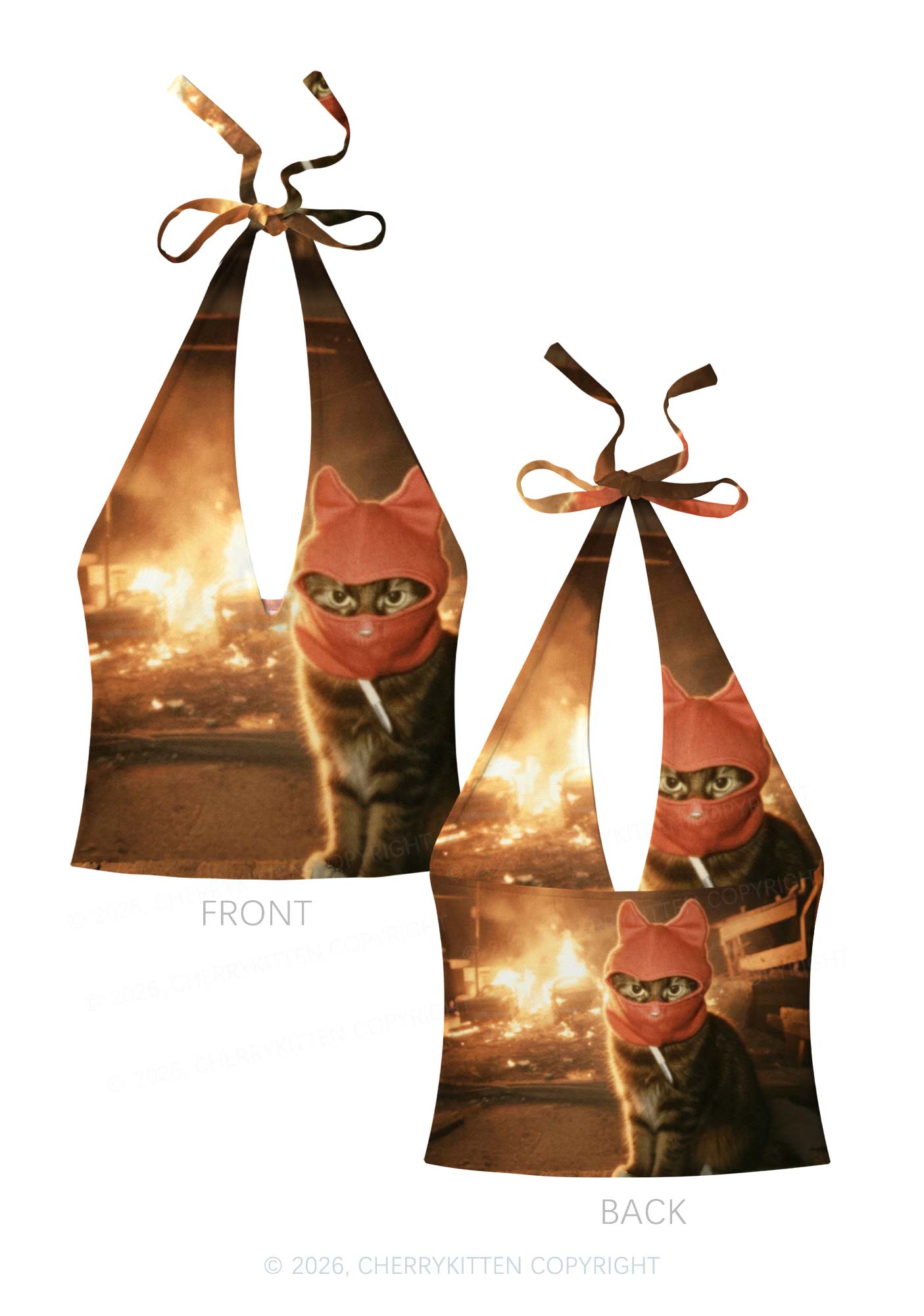 Halloween Red Ear Hood Cat Y2K Print Halter Deep V Neck Cami Cherrykitten