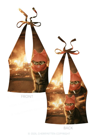 Halloween Red Ear Hood Cat Y2K Print Halter Deep V Neck Cami Cherrykitten