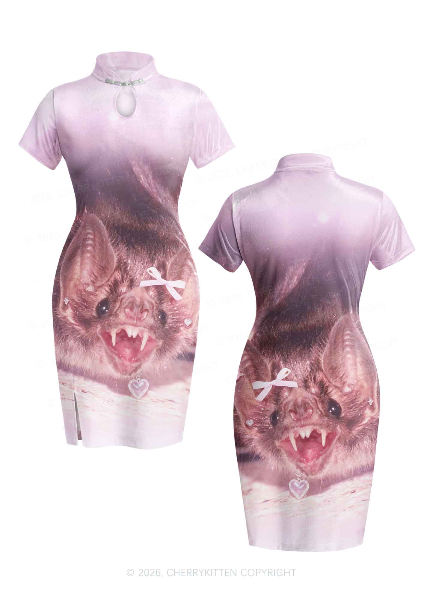 Halloween Pink Bow Bat Y2K Cheongsam Mini Dress Cherrykitten