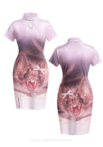 Halloween Pink Bow Bat Y2K Cheongsam Mini Dress Cherrykitten