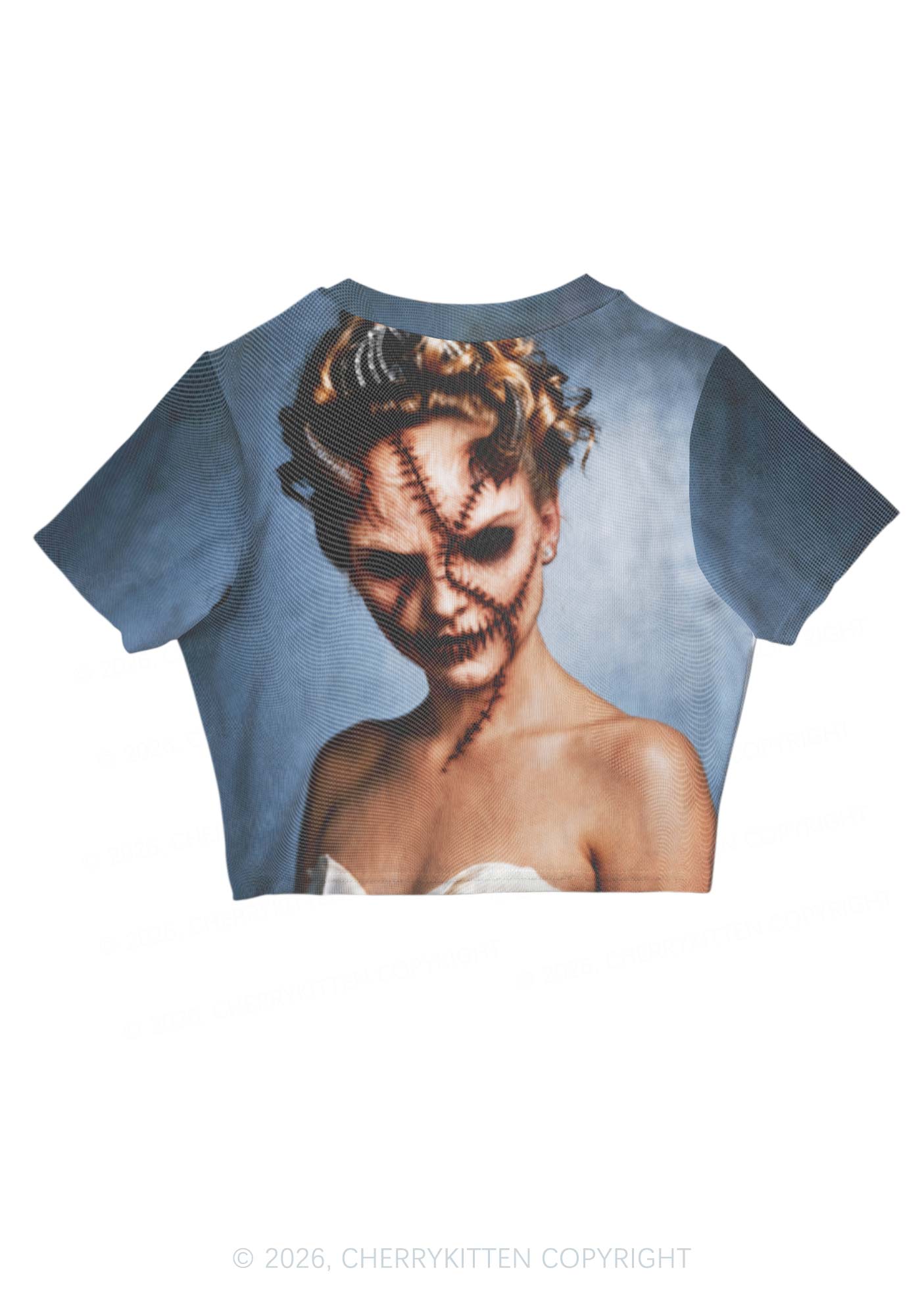 Halloween Scar Horned Demon Woman Y2K Mesh Crop Top Cherrykitten
