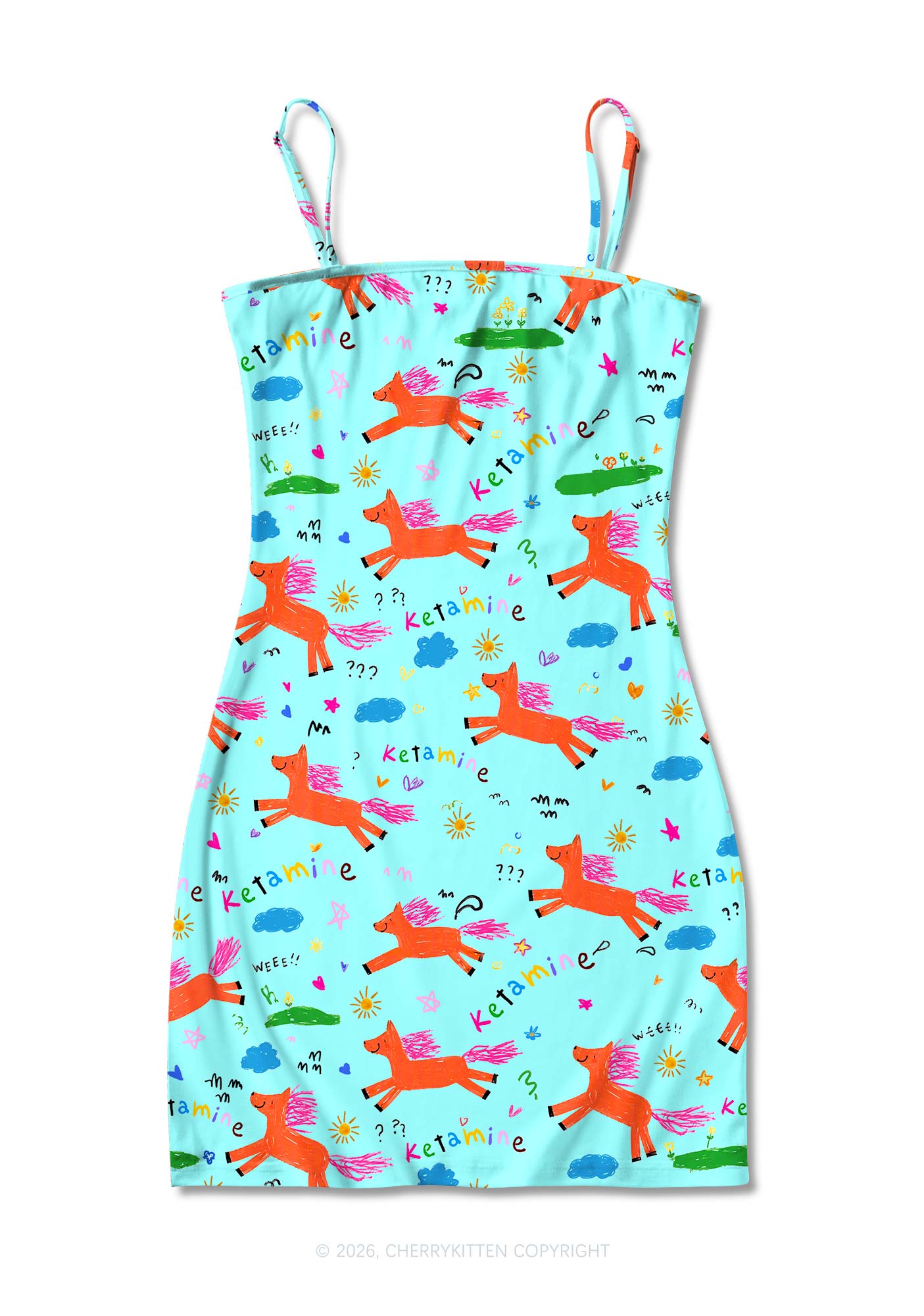 Orange Pony On Mint Green Y2K Print Slip Dress Cherrykitten