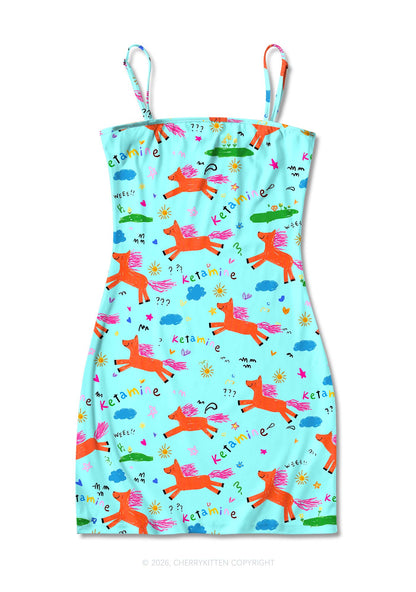 Orange Pony On Mint Green Y2K Print Slip Dress Cherrykitten
