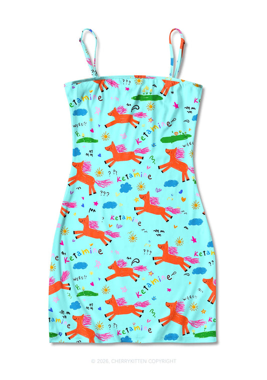 Orange Pony On Mint Green Y2K Print Slip Dress Cherrykitten