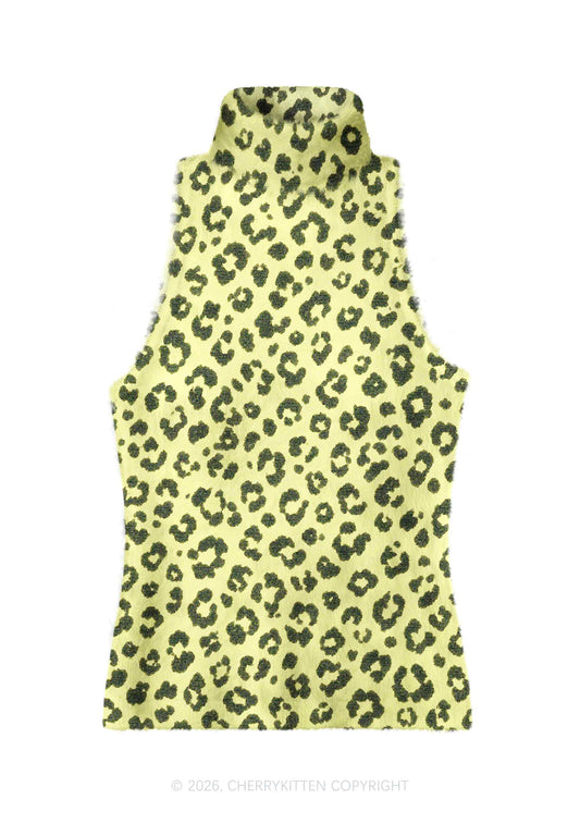Light Yellow Leopard Y2K Knit Turtleneck Tank Top Cherrykitten