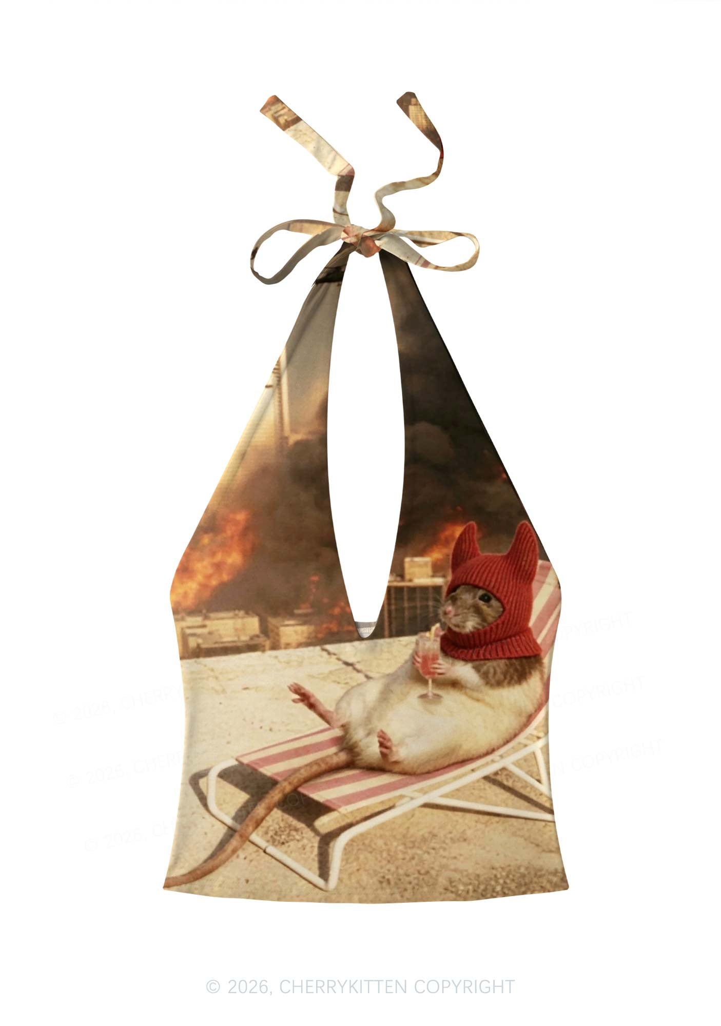 Halloween Fire City Devil Hat Rat Y2K Print Halter Deep V Neck Cami Cherrykitten
