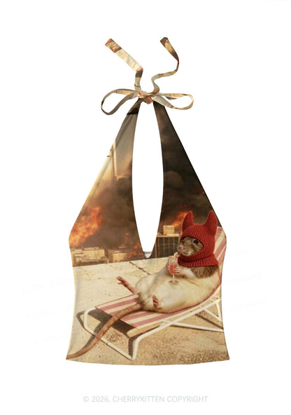 Halloween Fire City Devil Hat Rat Y2K Print Halter Deep V Neck Cami Cherrykitten