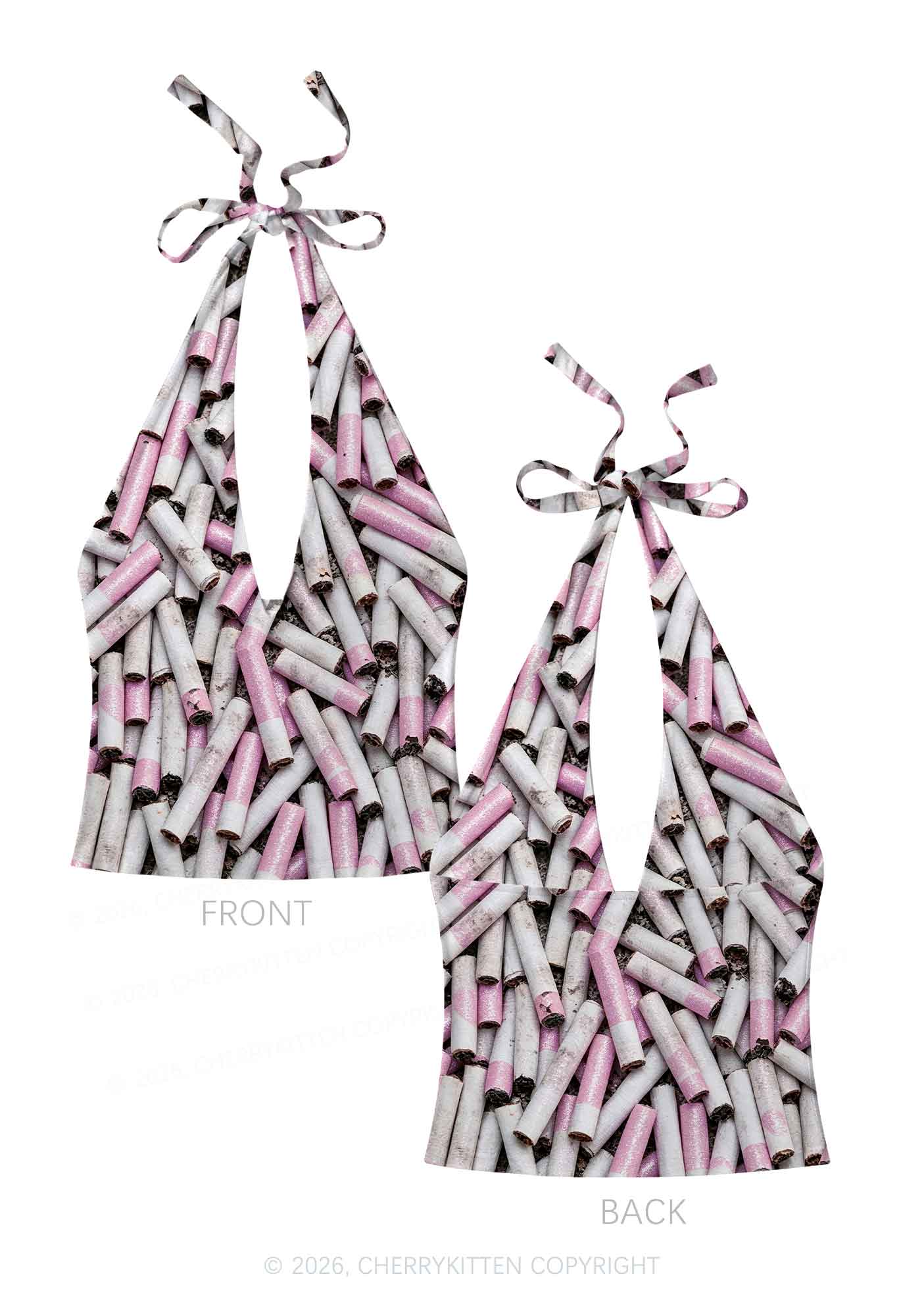 Pink White Cigarette Y2K Print Halter Deep V Neck Cami Cherrykitten
