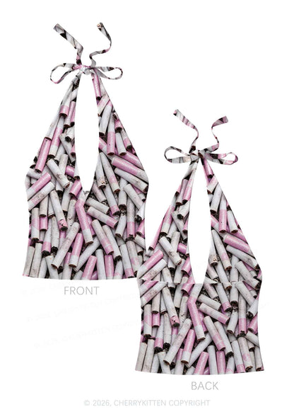 Pink White Cigarette Y2K Print Halter Deep V Neck Cami Cherrykitten