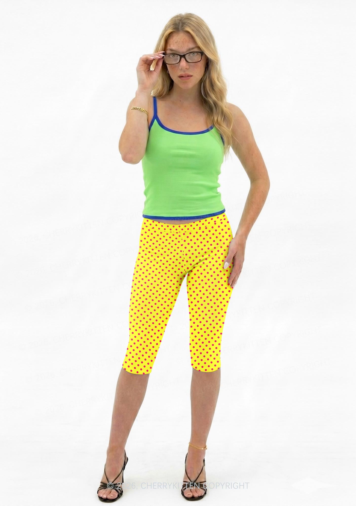 Hot Pink Dots On Yellow Y2K Print Capri Pants Cherrykitten