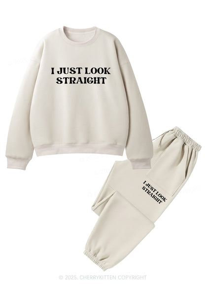 I Just Look Straight Y2K Fleece Sweatshirts Set Cherrykitten