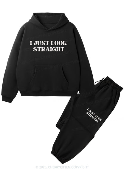 I Just Look Straight Y2K Fleece Hoodie Set Cherrykitten