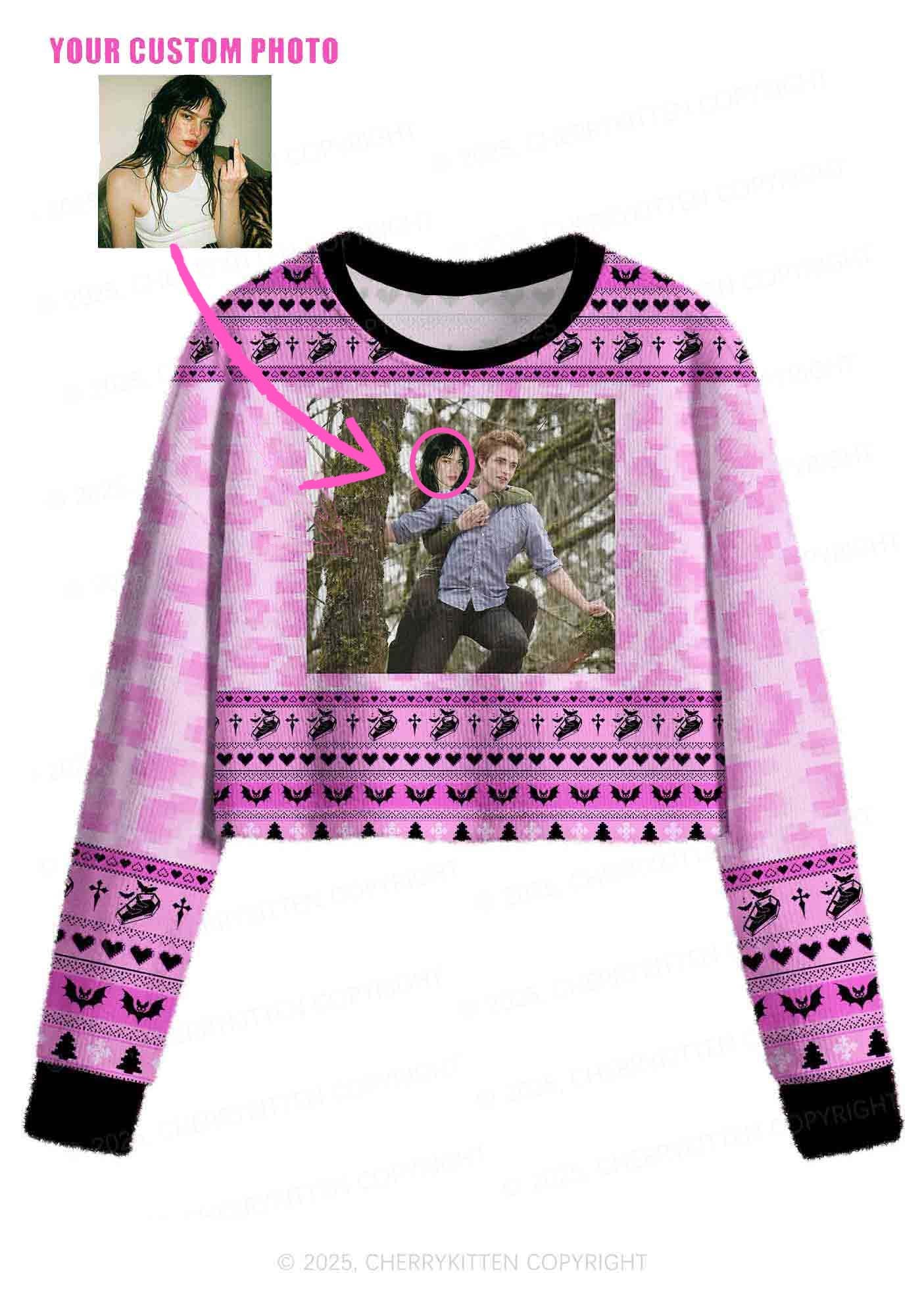Pink Custom Face Y2K Christmas Crop Knit Sweatshirt Cherrykitten