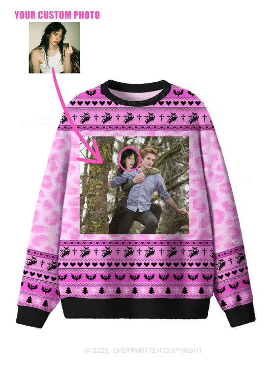 Pink Custom Face Y2K Christmas Knit Sweatshirt Cherrykitten