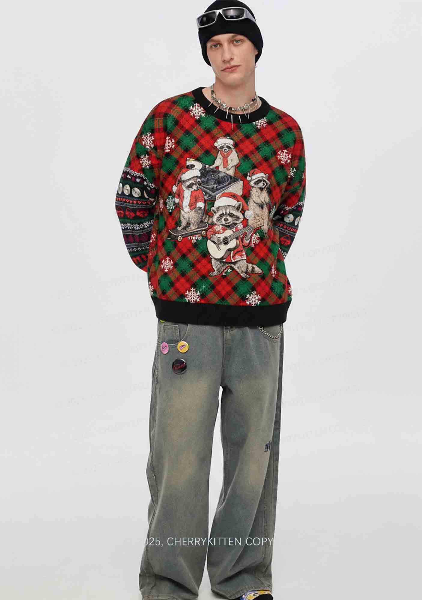 Raccoon Concert Y2K Christmas Knit Sweatshirt Cherrykitten