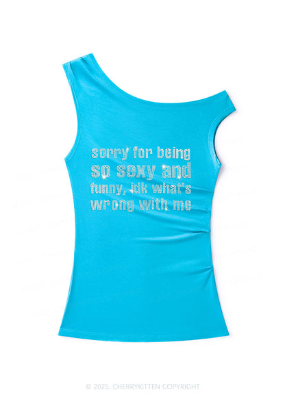 Rhinestone Sorry For Being So Funny Y2K Off Shoulder Tank Top Cherrykitten