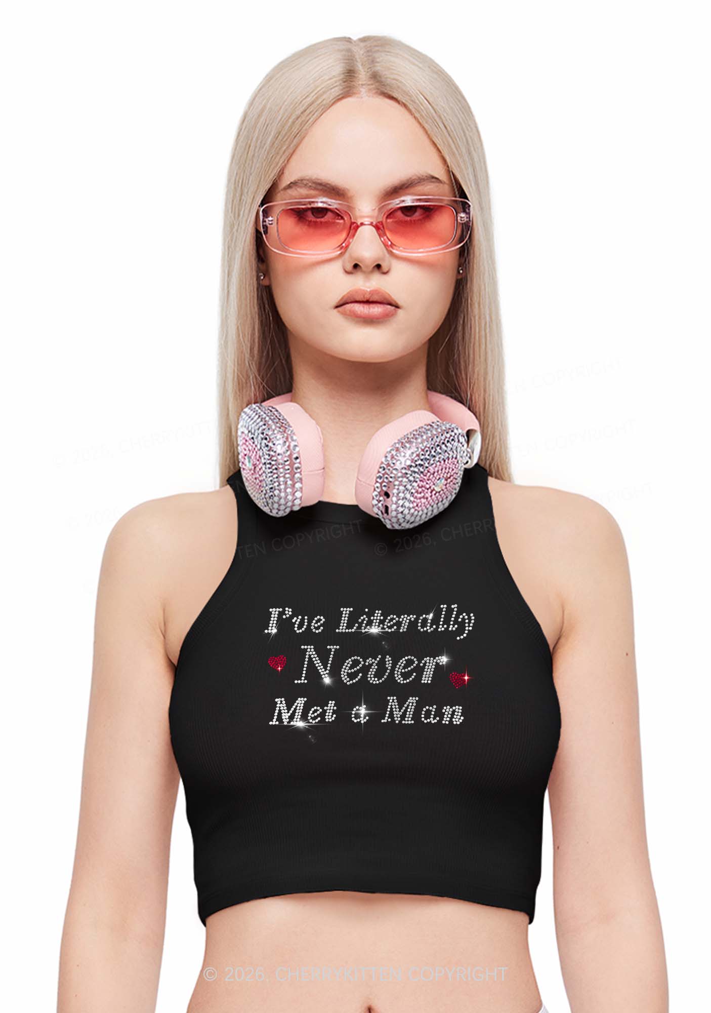 Rhinestone Never Met A Man Pride Y2K Crop Tank Top Cherrykitten