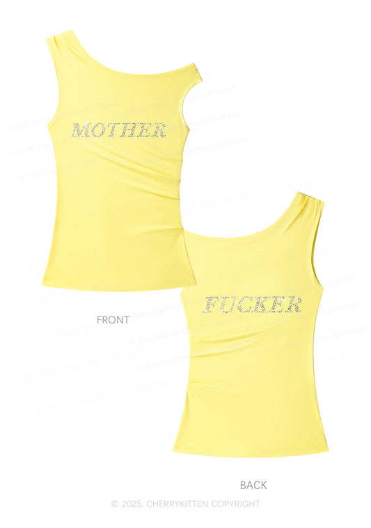 Rhinestone Motherfxcker Two Sides Y2K Off Shoulder Tank Top Cherrykitten