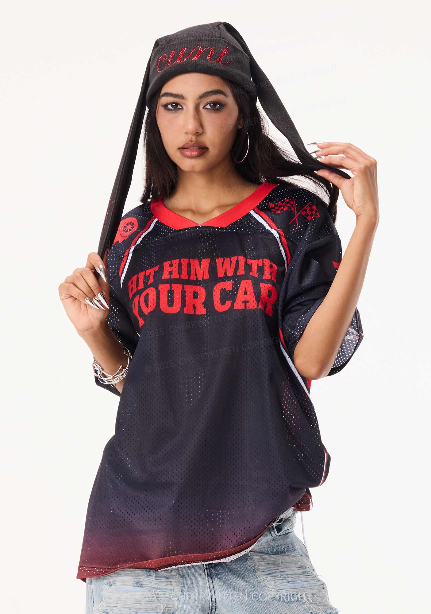 Rhinestone Cxxt Y2K Bunny Ear Knitted Hat Cherrykitten