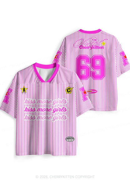 Kiss More Girls Pink Stripes Pride Y2K Sport Jersey Shirts Cherrykitten