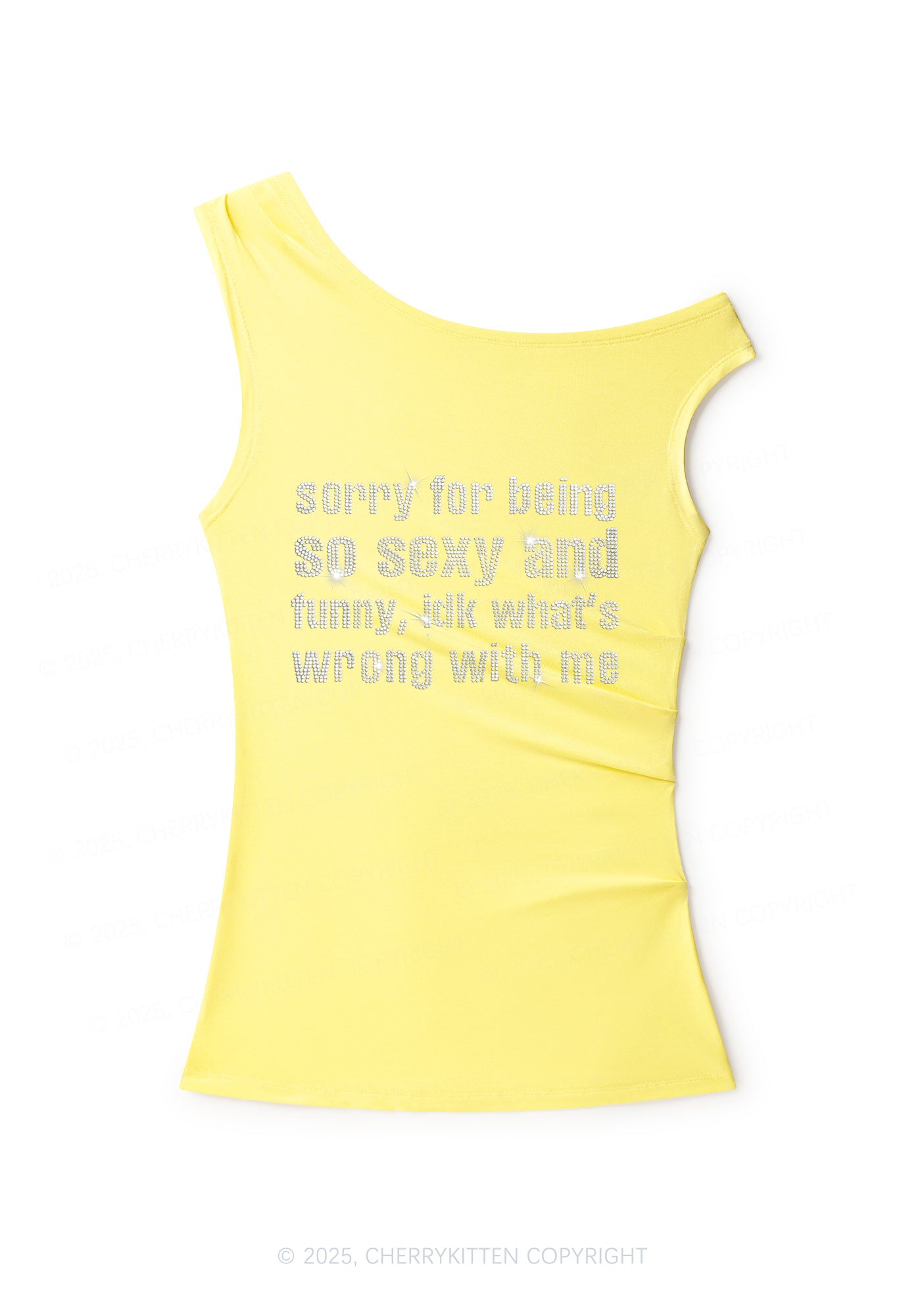 Rhinestone Sorry For Being So Funny Y2K Off Shoulder Tank Top Cherrykitten