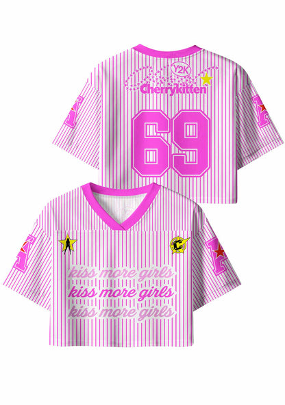 Kiss More Girls Pink Stripes Pride Y2K Crop Sport Jersey Shirts Cherrykitten