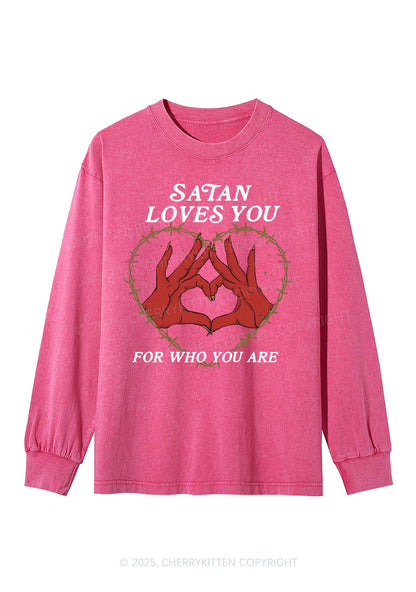 Halloween Satan Loves You Heart Y2K Washed Long Sleeves Cherrykitten