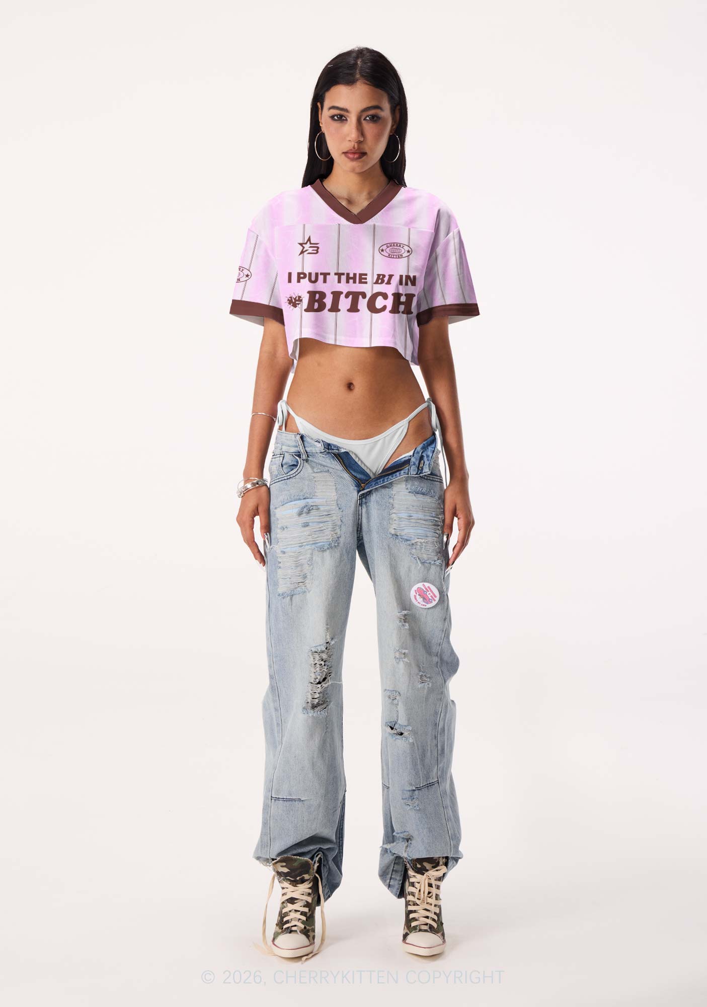 Purple I Put The Bi In Bxxch Pride Y2K Crop Sport Jersey Shirts Cherrykitten