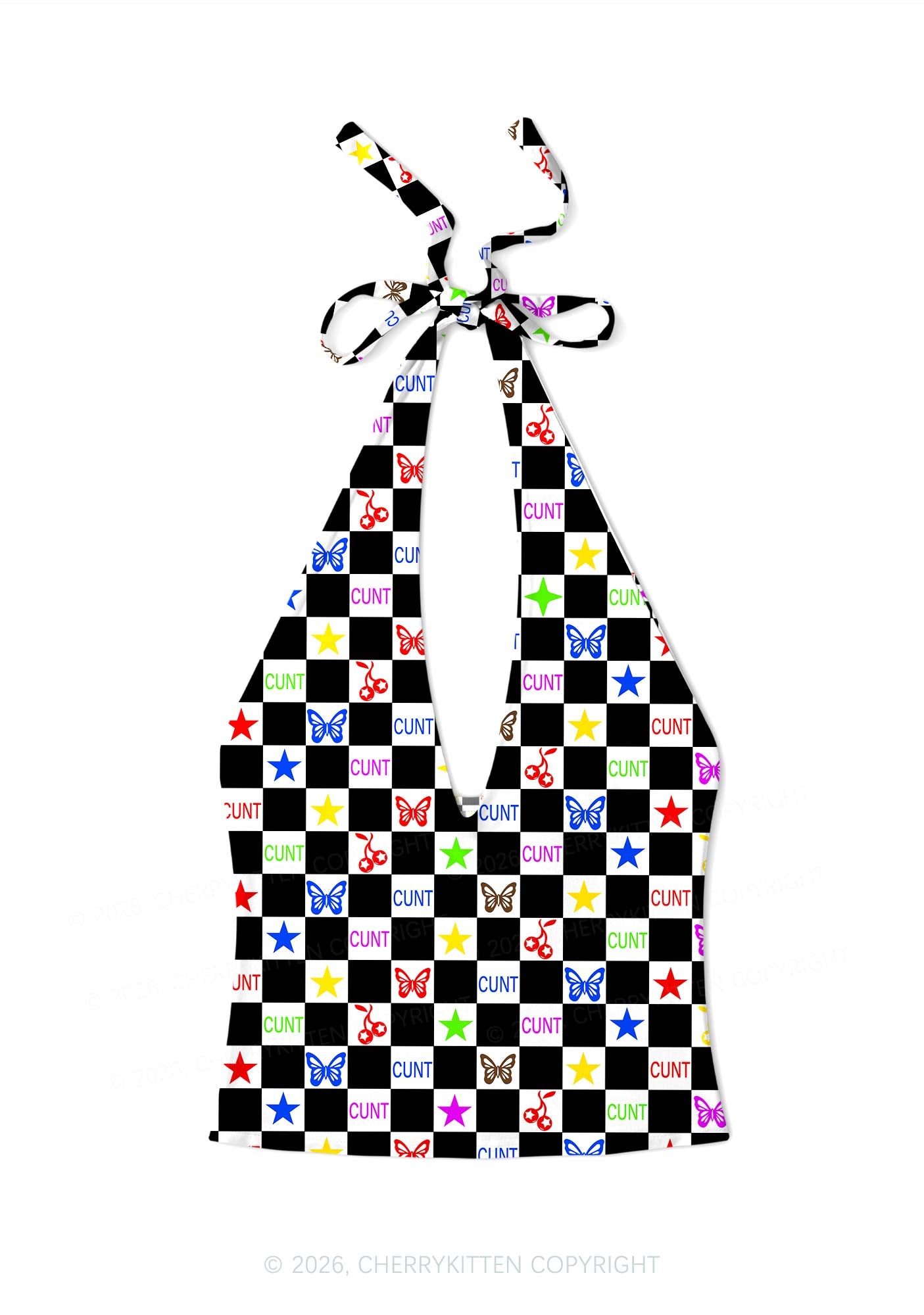 Black White Checkered Cxxt Y2K Print Halter Deep V Neck Cami Cherrykitten