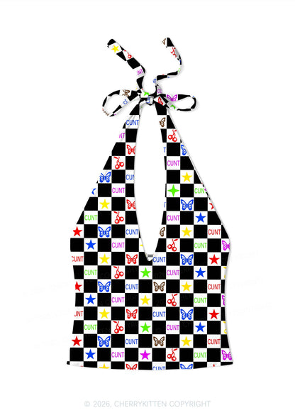 Black White Checkered Cxxt Y2K Print Halter Deep V Neck Cami Cherrykitten