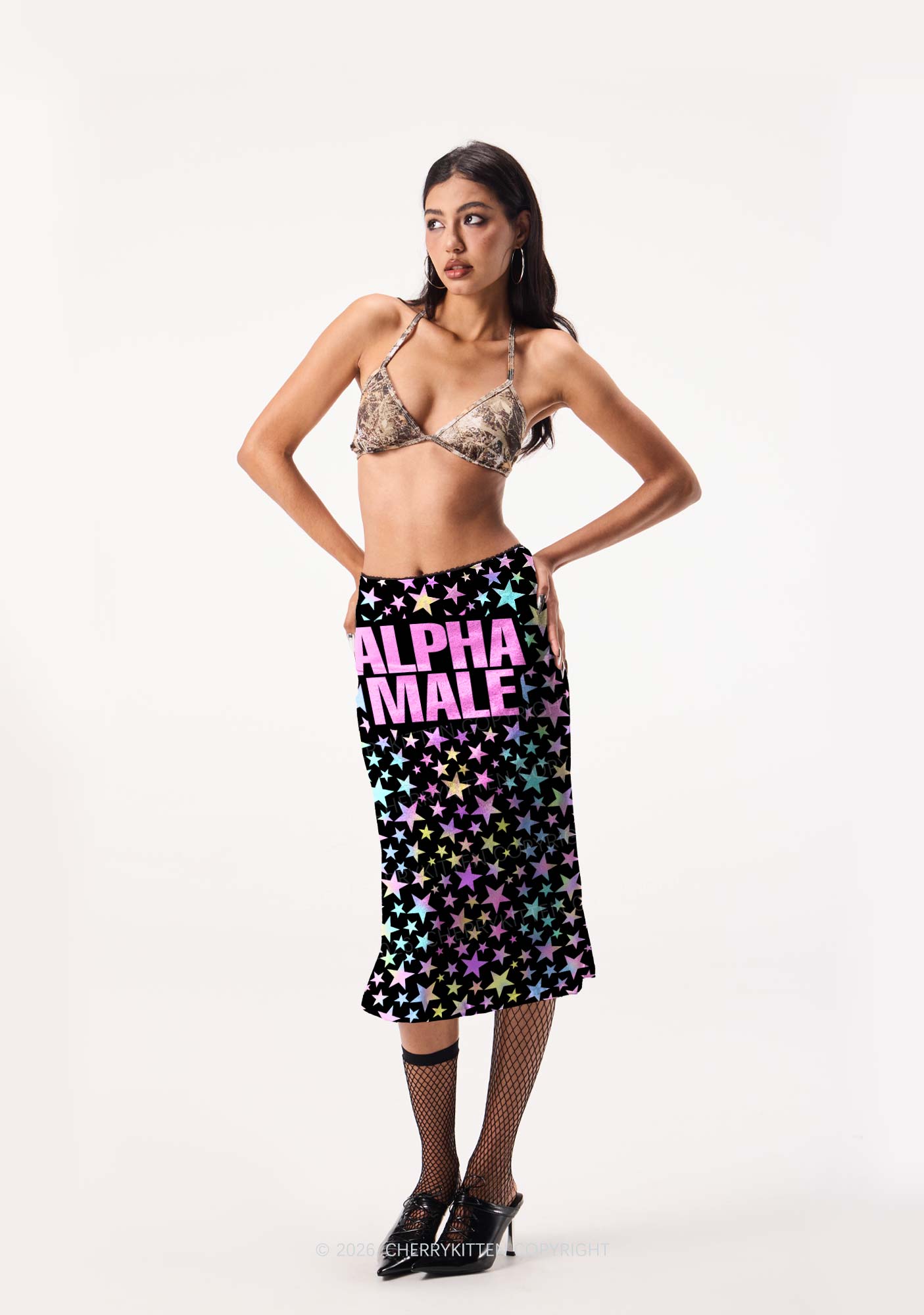 Black Alpha Male Y2K Print Midi Skirt Cherrykitten