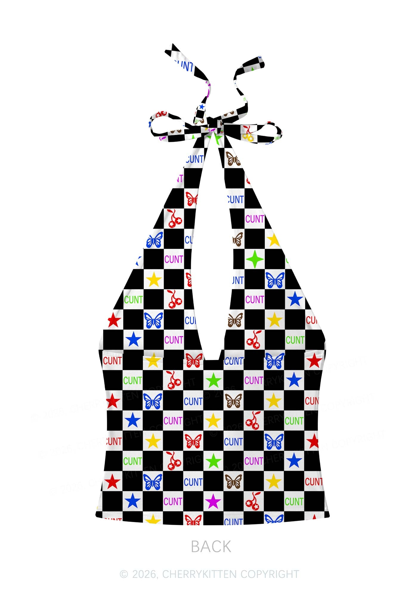 Black White Checkered Cxxt Y2K Print Halter Deep V Neck Cami Cherrykitten