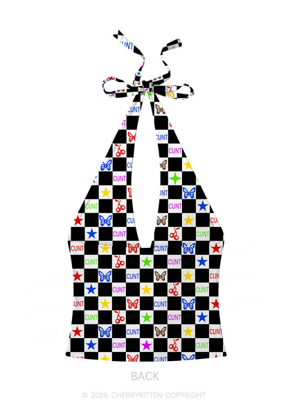 Black White Checkered Cxxt Y2K Print Halter Deep V Neck Cami Cherrykitten