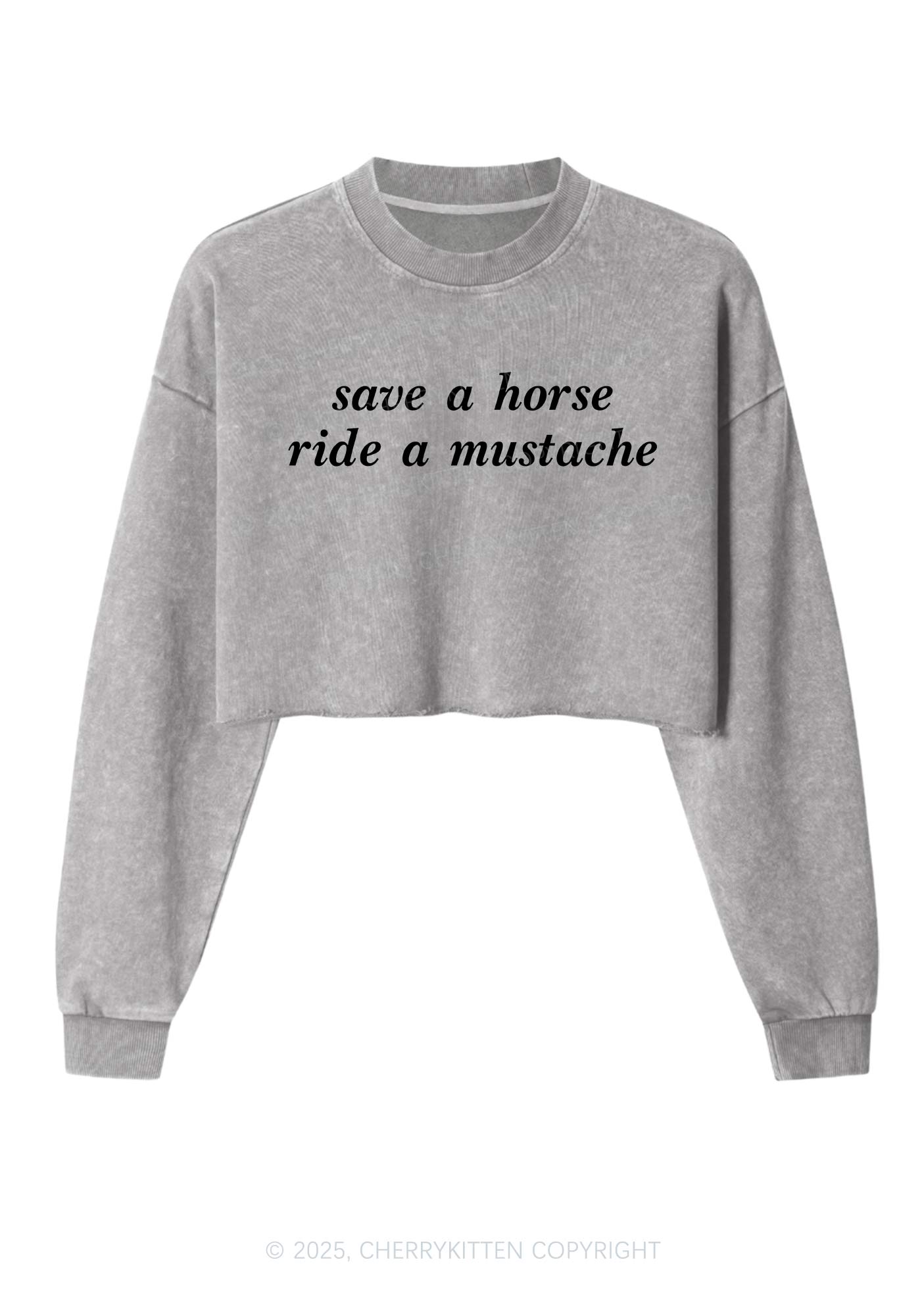 Ride A Mustache Y2K Crop Washed Sweatshirts Cherrykitten