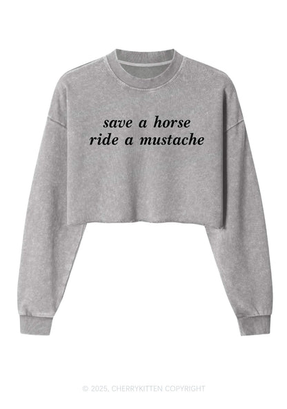 Ride A Mustache Y2K Crop Washed Sweatshirts Cherrykitten