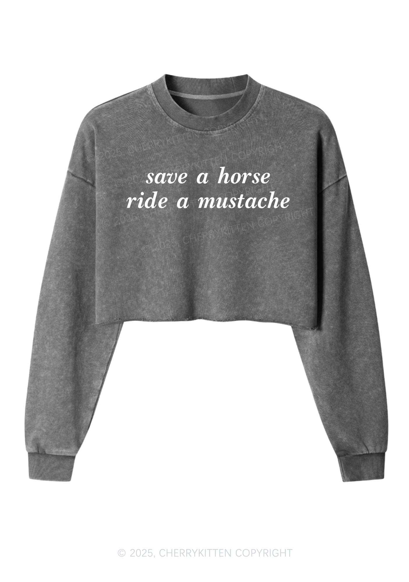 Ride A Mustache Y2K Crop Washed Sweatshirts Cherrykitten