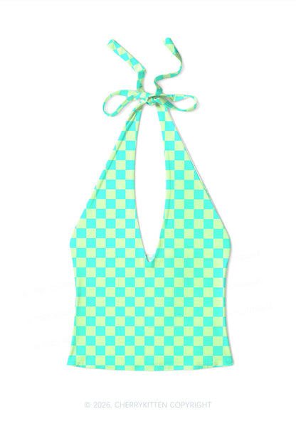 Mint Green Checkered Y2K Print Halter Deep V Neck Cami Cherrykitten