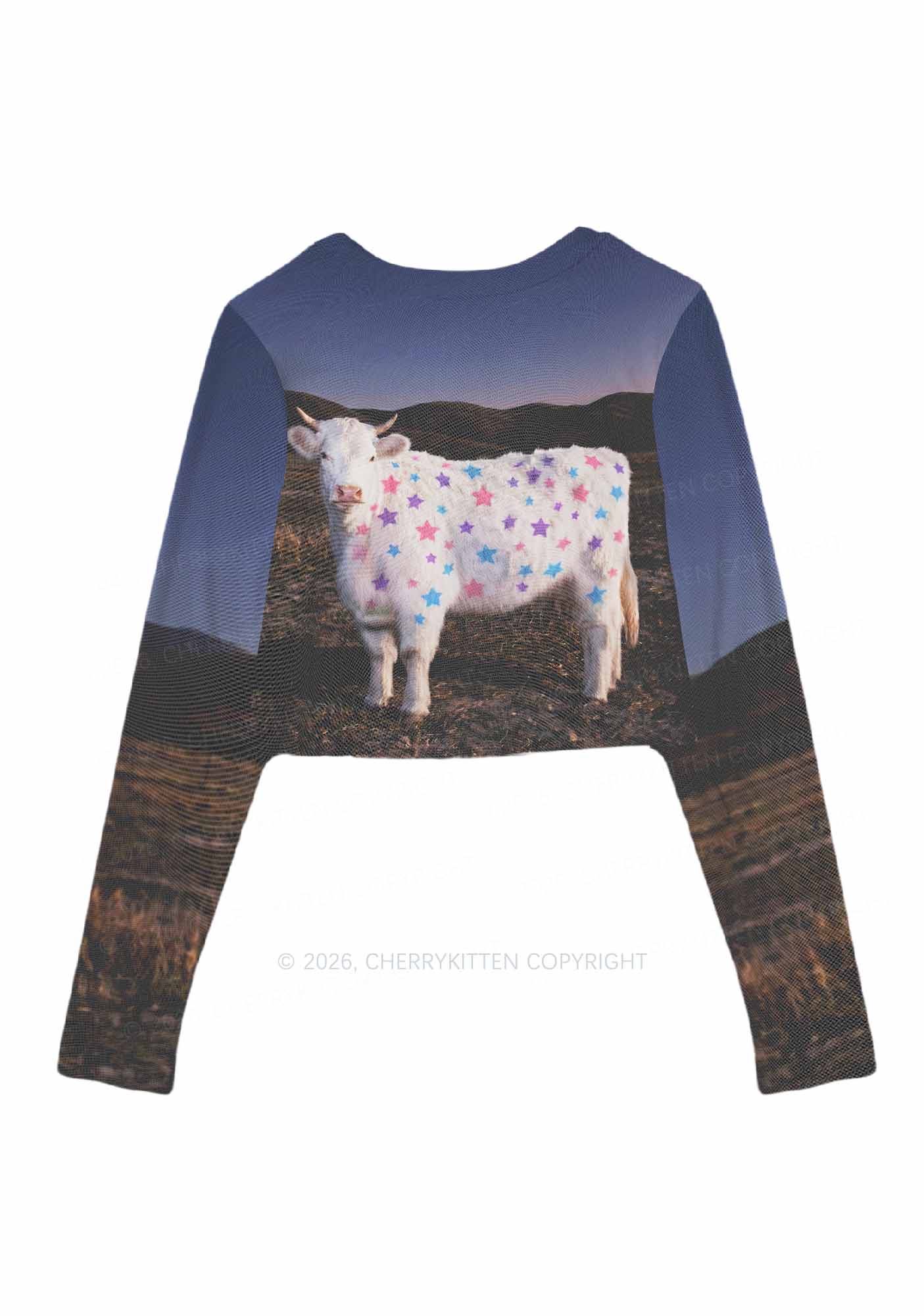 Pastel Star Cow Y2K Mesh Long Sleeve Crop Top Cherrykitten