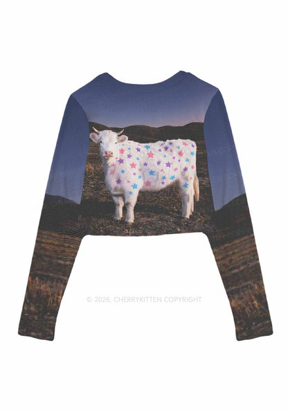 Pastel Star Cow Y2K Mesh Long Sleeve Crop Top Cherrykitten