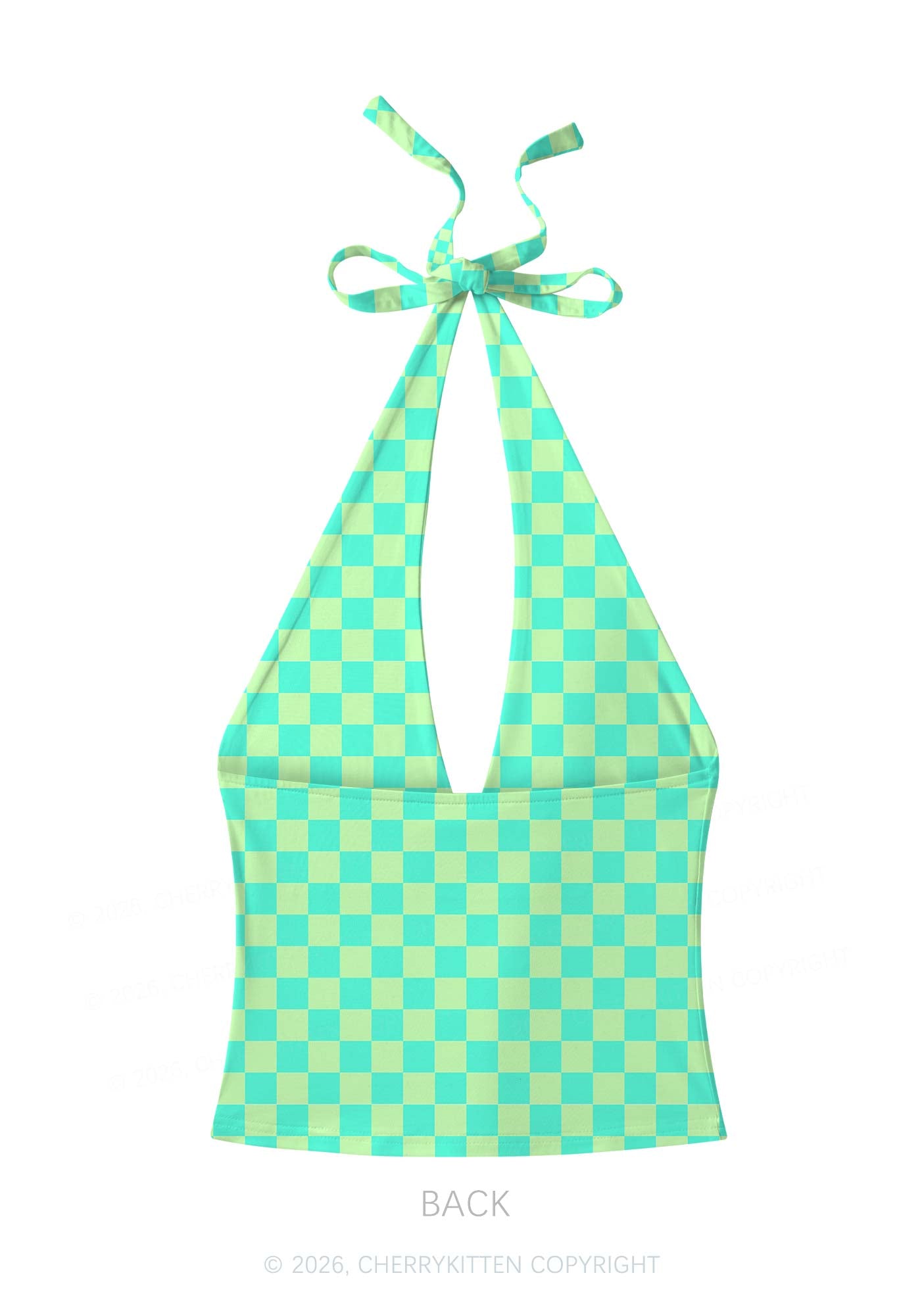Mint Green Checkered Y2K Print Halter Deep V Neck Cami Cherrykitten