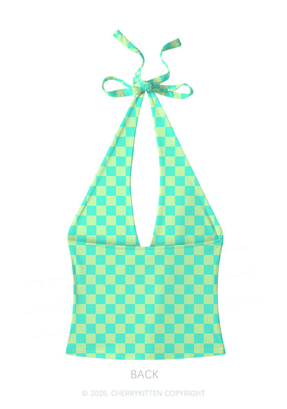 Mint Green Checkered Y2K Print Halter Deep V Neck Cami Cherrykitten