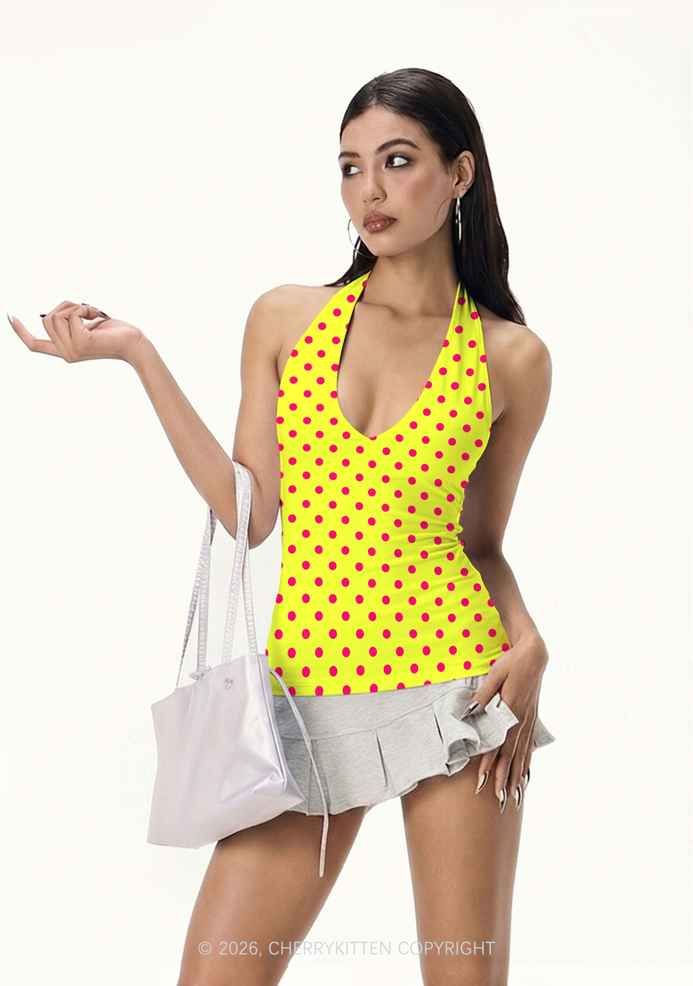 Hot Pink Dots On Yellow Y2K Print Halter Deep V Neck Cami Cherrykitten