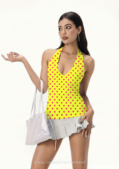 Hot Pink Dots On Yellow Y2K Print Halter Deep V Neck Cami Cherrykitten