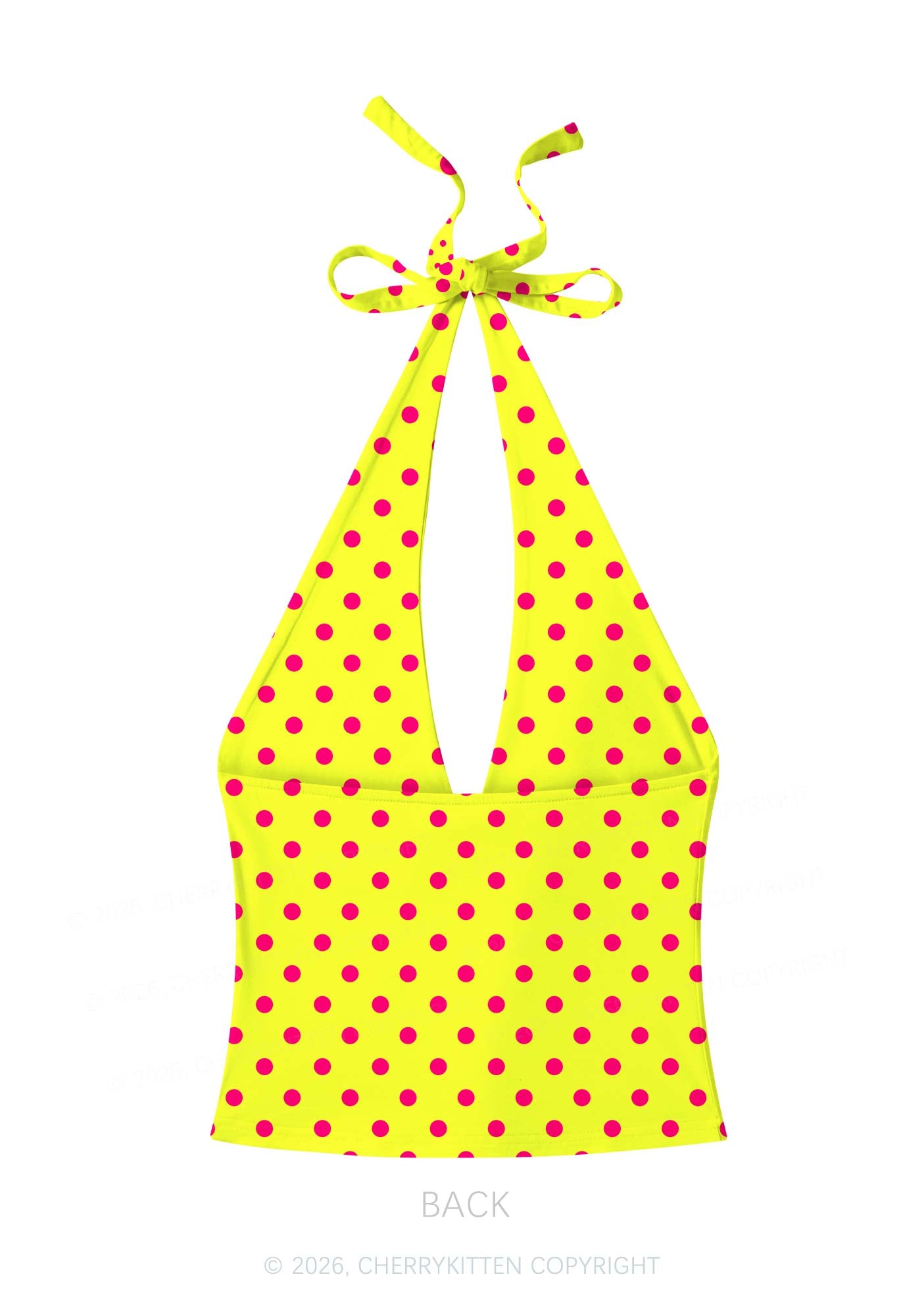 Hot Pink Dots On Yellow Y2K Print Halter Deep V Neck Cami Cherrykitten