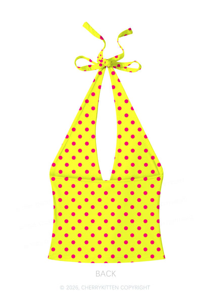 Hot Pink Dots On Yellow Y2K Print Halter Deep V Neck Cami Cherrykitten