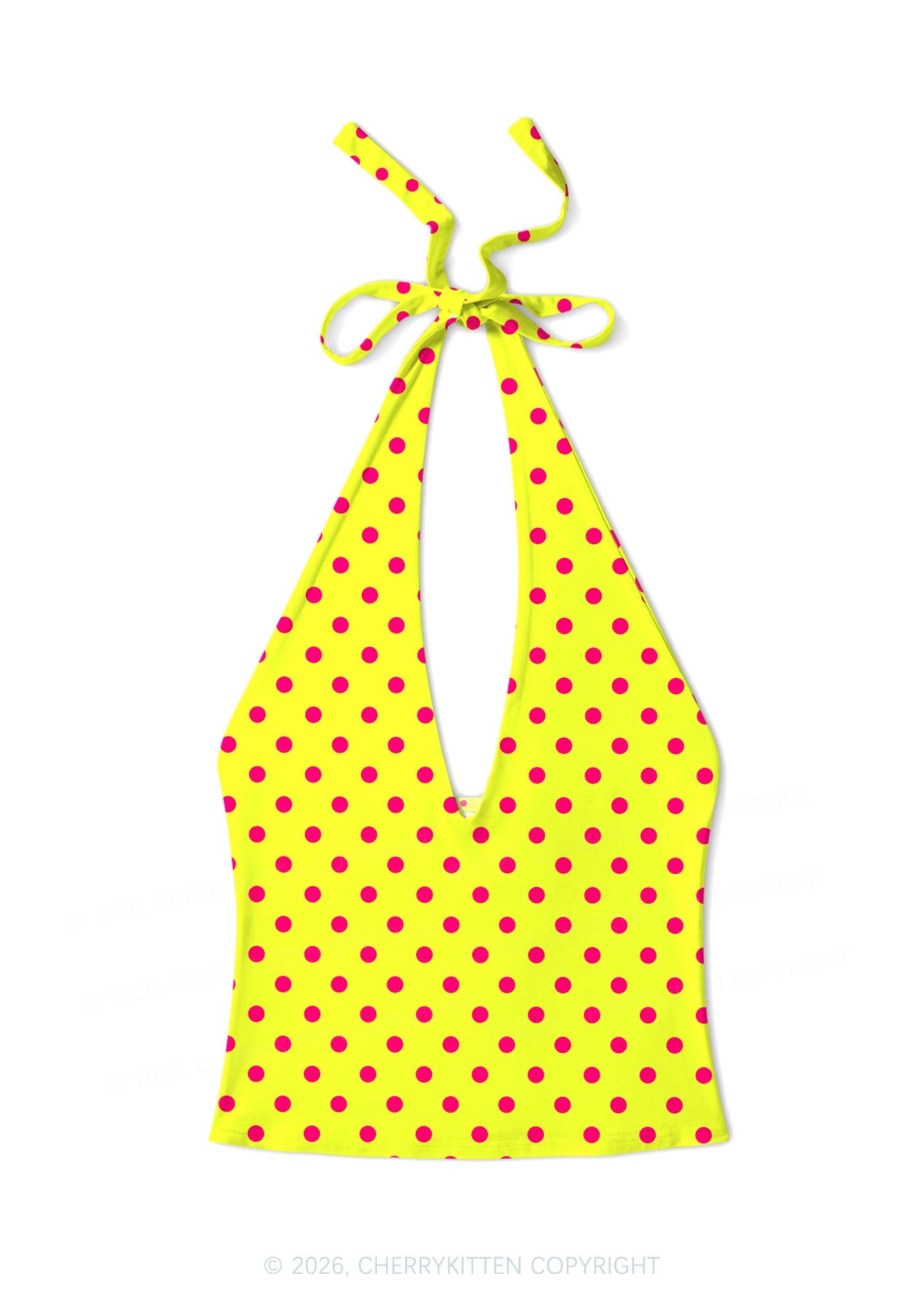 Hot Pink Dots On Yellow Y2K Print Halter Deep V Neck Cami Cherrykitten